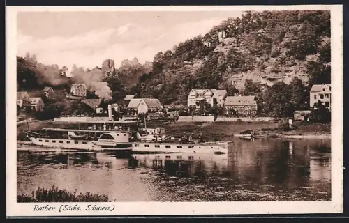 AK Rathen, Ortsansicht mit Passagierdampfschiff Habsburg auf der Elbe