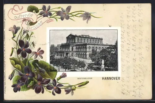 Lithographie Hannover, Hoftheater mit Denkmal, Veilchen, Passepartout