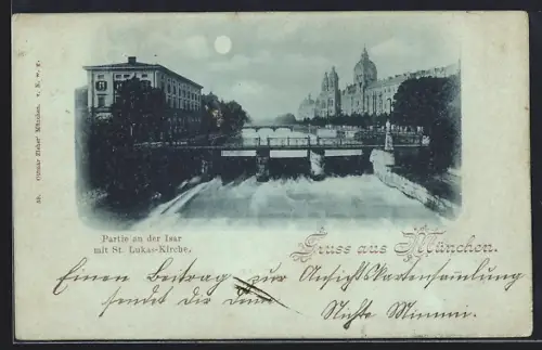 Mondschein-AK München, Partie an der Isar mit St. Lukas-Kirche