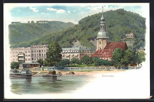 Lithographie Schandau, Blick nach dem Ort