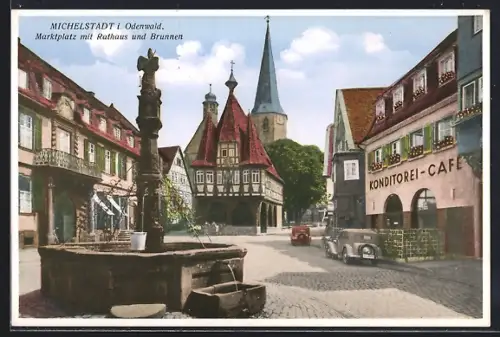 AK Michelstadt, Marktplatz mit Rathaus & Brunnen, Konditorei-Cafe