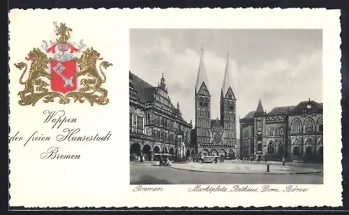 AK Bremen, Marktplatz mit Börse, Rathaus und Dom, Wappen