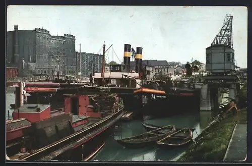 AK Mannheim, Mühlau-Hafen mit Schiffen