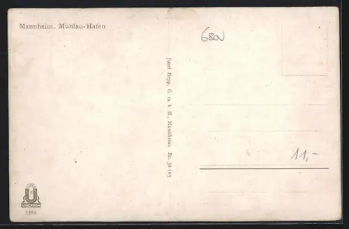 AK Mannheim, Mühlau-Hafen mit Schiffen