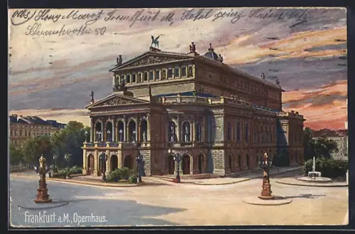 Künstler-AK Frankfurt a. M., Opernhaus mit Springbrunnen