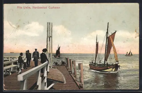 AK Cuxhaven, Nordseebad, Alte Liebe mit Segelbooten