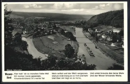 AK Hann. Münden, Panorama mit Fährbooten, Weserlied