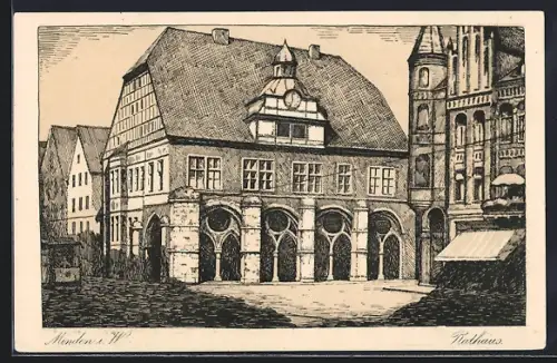Künstler-AK Minden i. W., Rathaus mit Strassenpartie