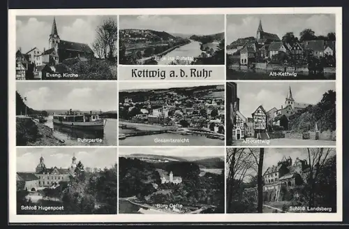 AK Kettwig, Ev. Kirche, Blick ins Ruhrtal, Alt-Kettwig, Ruhrpartie mit Dampfer, Gesamtansicht, Schloss Hugenpoet