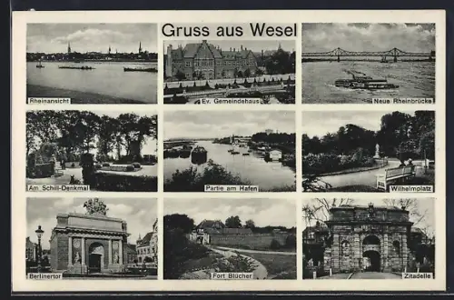 AK Wesel, Berliner Tor, Partie am Hafen, ev. Gemeindehaus