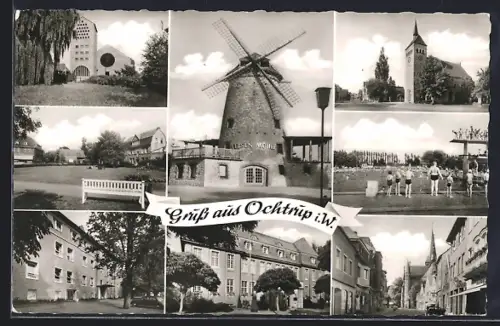 AK Ochtrup, Felsen Mühle, Ortspartie, Kirche, Freibad