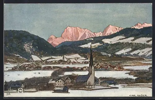 Künstler-AK sign. C. Reiser: Garmisch, Ortsansicht mit Karwendel