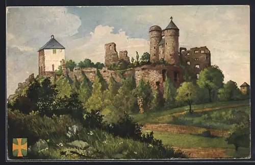 Künstler-AK Greifenstein / Hessen, Burg Greifenstein, Burgruine mit Türmen und Wald