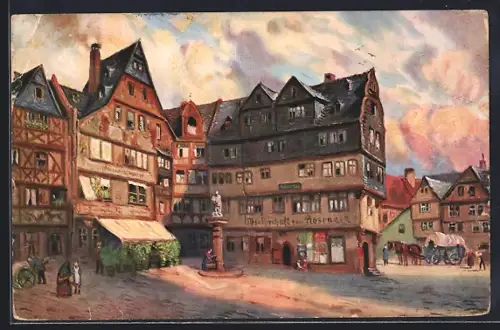 Künstler-AK Alt-Frankfurt, Grosse Fischergasse mit Gasthaus zum Roseneck, Pferdegespann