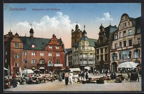 AK Darmstadt, Marktplatz mit Rathaus und Mainzer Warenhaus