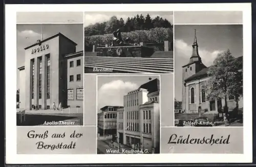 AK Lüdenscheid, Westd. Kaufhof AG., Apollo-Theater, Erlöser-Kirche