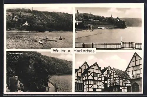AK Wetter a. Harkortsee, Fachwerkhäuser, Harkort-Denkmal, Uferpartie