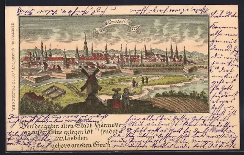 Lithographie Hannover, Teilansicht im Jahre 1750