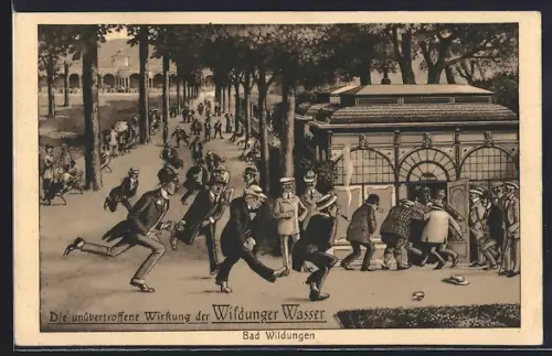 AK Bad Wildungen, die unübertroffene Wirkung des Wildunger Wasser, Herren stürmen zur Toilette