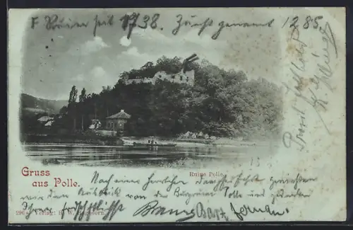 Mondschein-AK Polle, Blick auf die Ruine Polle