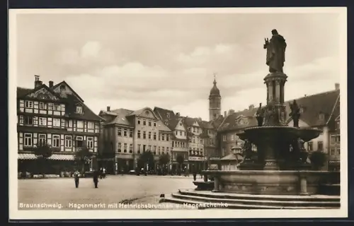 AK Braunschweig, Hagenmarkt mit Heinrichsbrunnen und Hagenschenke