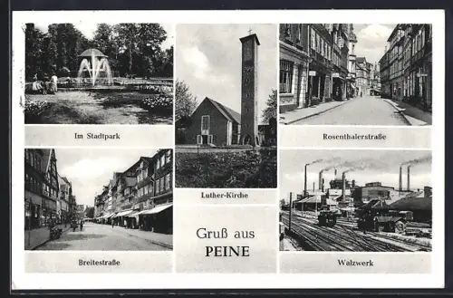 AK Peine, Die Luther-Kirche, Das Walzwerk, Partie im Stadtpark mit Springbrunnen