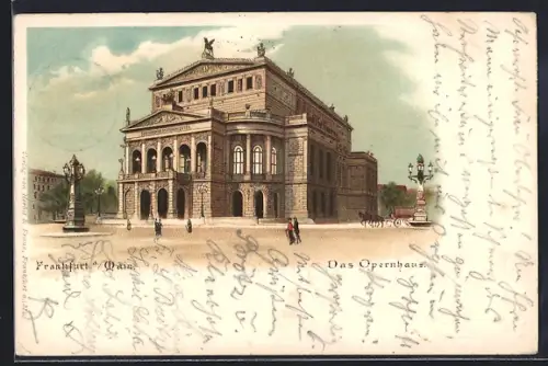 Lithographie Frankfurt /Main, Pferdekutsche vor dem Opernhaus
