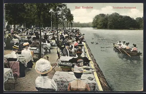 AK Bad Nauheim, Das Teichhaus-Restaurant, Ruderboot auf dem Wasser