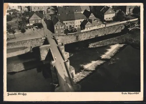 AK Rinteln, Flusspartie mit Brücke aus der Vogelschau