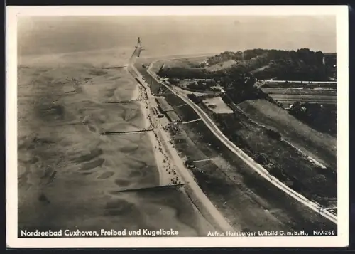 AK Cuxhaven, Freibad u. Kugelbake am Nordseebad, Fliegeraufnahme