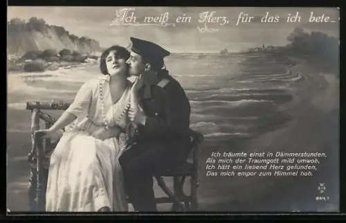AK Ich weiss ein Herz, für das ich bete, Matrose küsst eine junge Dame auf die Wange
