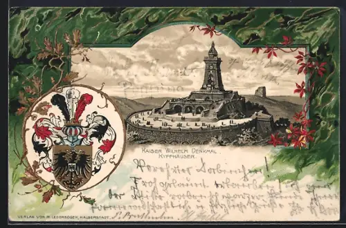 Lithographie Kyffhäuser, Kaiser Wilhelm-Denkmal, Wappen