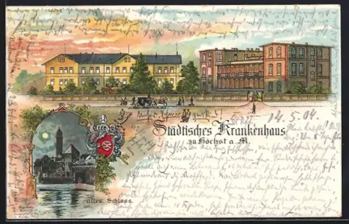 Lithographie Höchst a. M., Städtsches Krankenhaus und Altes Schloss bei Nacht