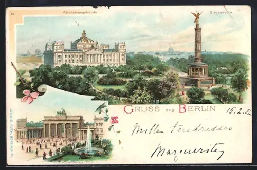 AK Berlin, Brandenburger Tor, Reichstagsgebäude und Siegessäule