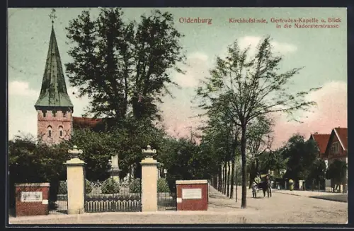 AK Oldenburg / O., Kirchhofslinde, Gertruden-Kapelle und Blick in die Nardorstrasse