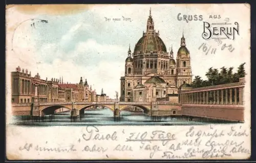 Lithographie Berlin, Blick über die Spree nach neuen Dom und Kaiser-Wilhelm-Brücke