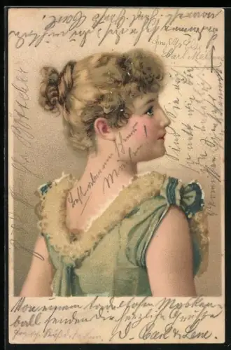 Glitzer-Perl-AK Junges Mädchen mit hochgebundenen Haaren im Sommerkleid