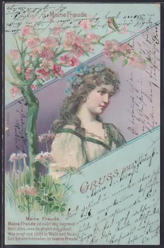 Glitzer-Perl-AK Mädchen mit Blumen im Haar