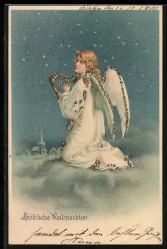 Glitzer-Perl-AK Engel mit Harfe