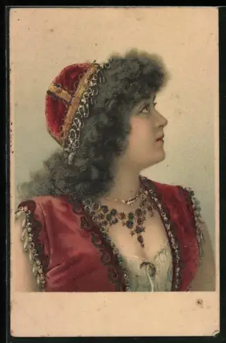 Glitzer-Perl-AK Hübsche Frau mit roter Kappe