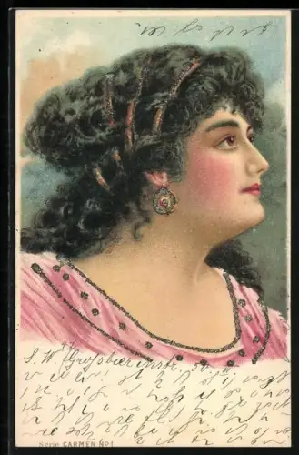 Glitzer-Perl-AK Junge Dame mit Ohrringen