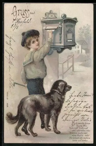 Glitzer-Perl-AK Knabe und Hund an einem Briefkasten