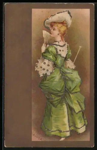 Glitzer-Perl-AK Elegante Dame mit Fächer