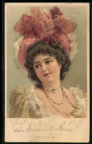 Glitzer-Perl-AK Elegante Dame mit federgeschmücktem Hut