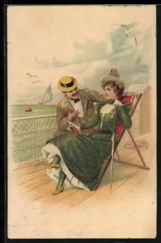 Glitzer-Perl-AK Liebespaar an Deck eines Schiffes