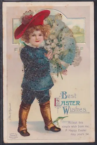 Glitzer-Perl-AK Knabe mit Blumenstrauss