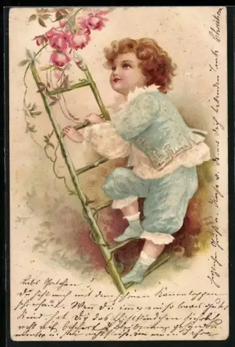 Glitzer-Perl-AK Knabe auf einer Leiter