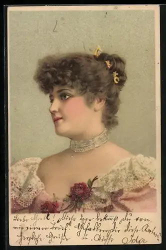 Glitzer-Perl-AK Dame mit Perlenkette