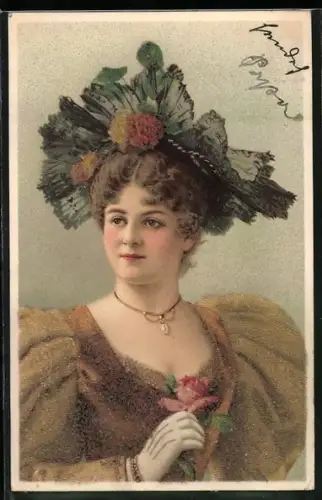 Glitzer-Perl-AK Dame mit elegantem Hut