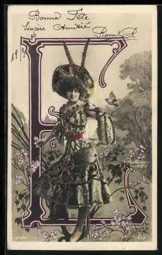 Glitzer-Perl-AK Elegante Dame mit dem Buchstaben E